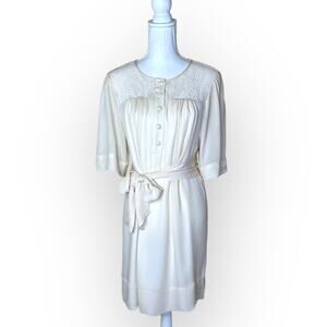 Walter Baker NWT Silk Lace Shirt Dress L Cream 100% Silk Tie Waist Short Sleeve